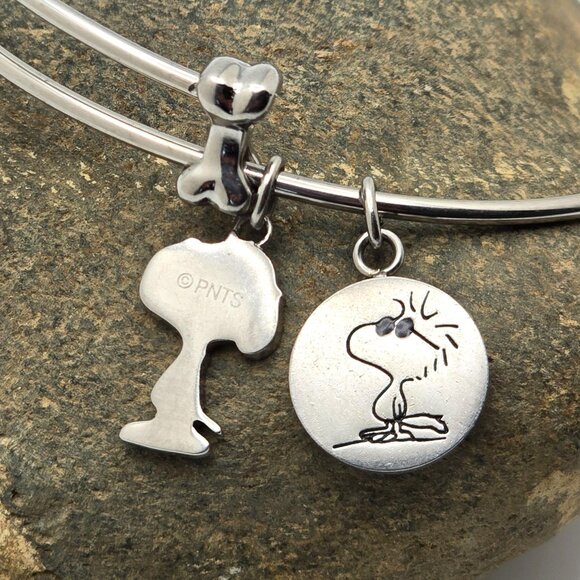 Peanuts Snoopy & Woodstock Silver Plate Charm Slider Bangle Bracelet Adjustable - Picture 3 of 5